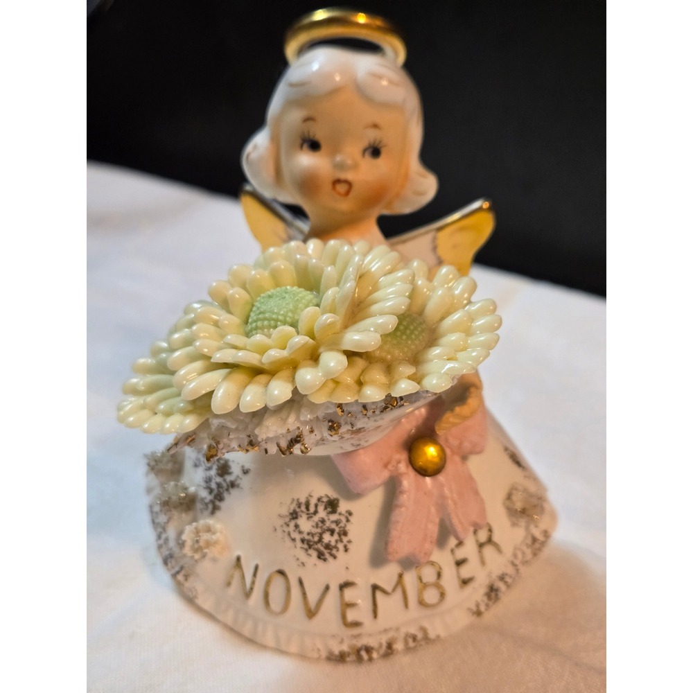 Lefton November Birthday Angel Figurine Mums Topaz 489 Japan